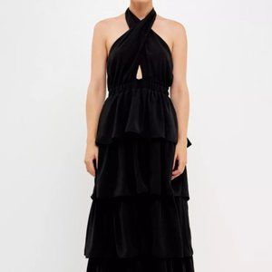 NWT Endless Rose Crossed Halter Tiered Maxi Dress - Black